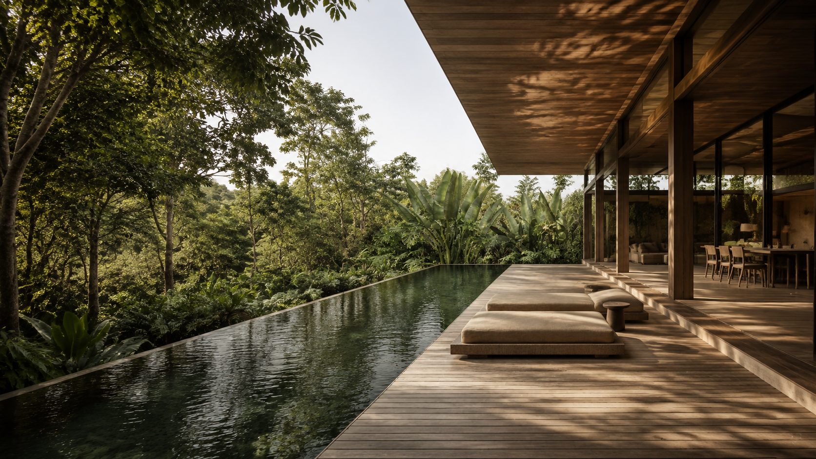 Wood Collective: piscina em espelho com deck de madeira e a mata ao fundo