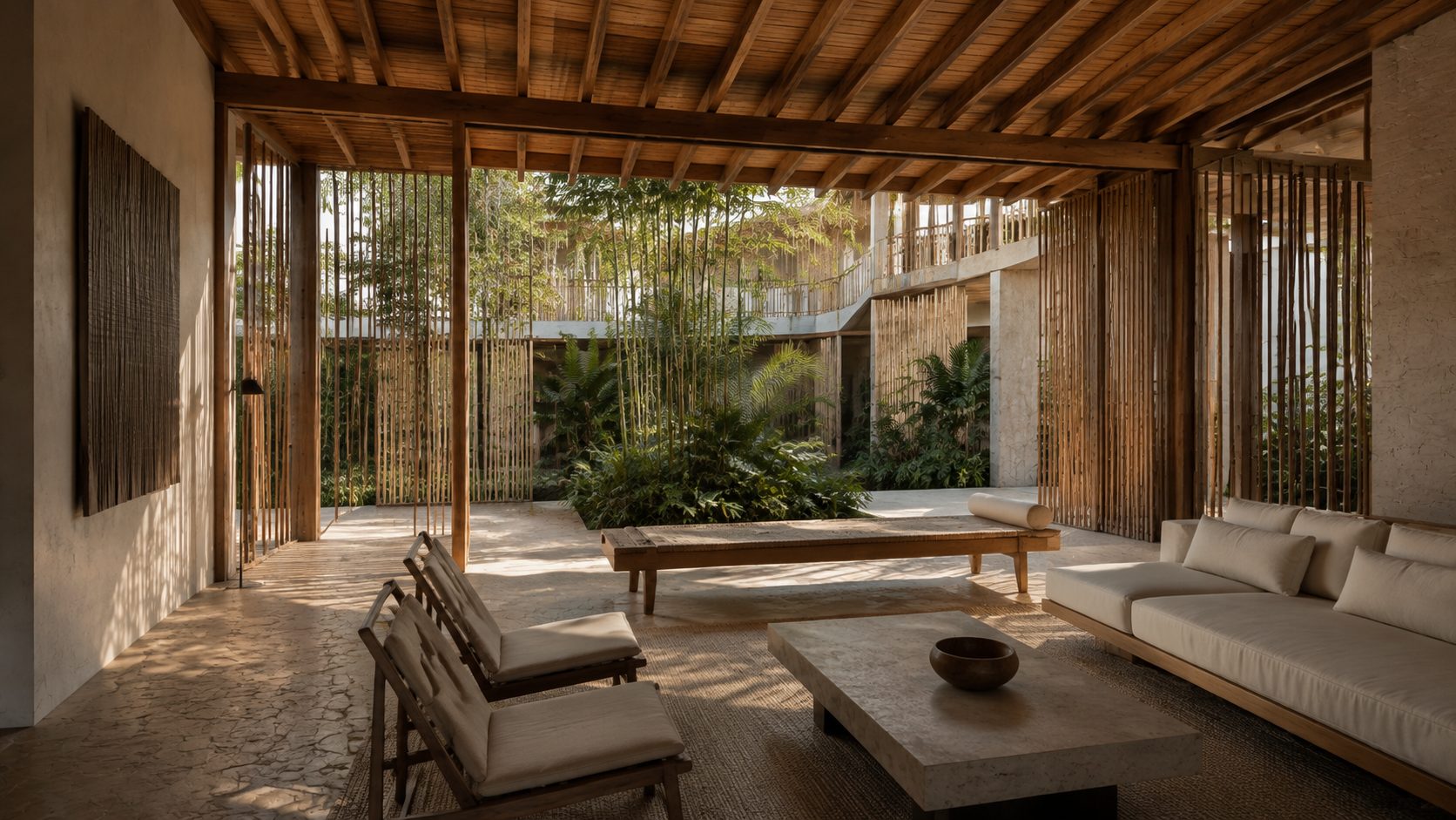 Casa S: sala aberta para o pátio, com brises de bambu
