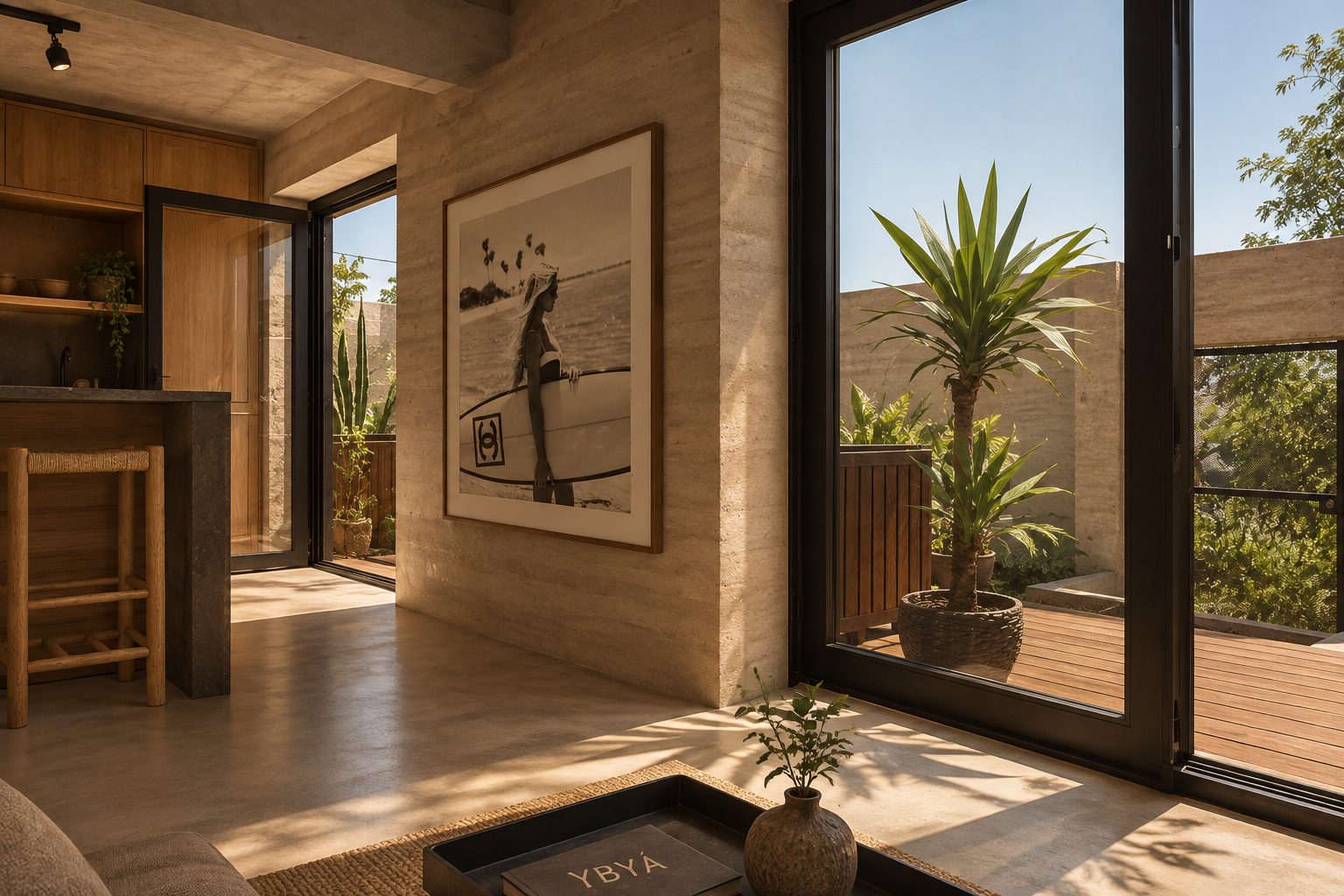 Casa Coop: interior em travertino e madeira, aberto para o deck