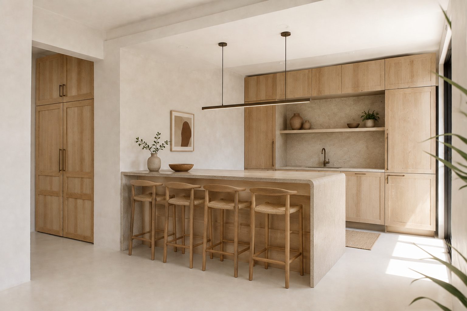 Casa Coop: cozinha clara com bancada mineral e marcenaria de madeira