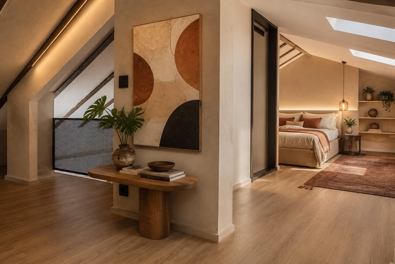 Casa Coop: suíte no sótão com clarabóia e marcenaria de madeira